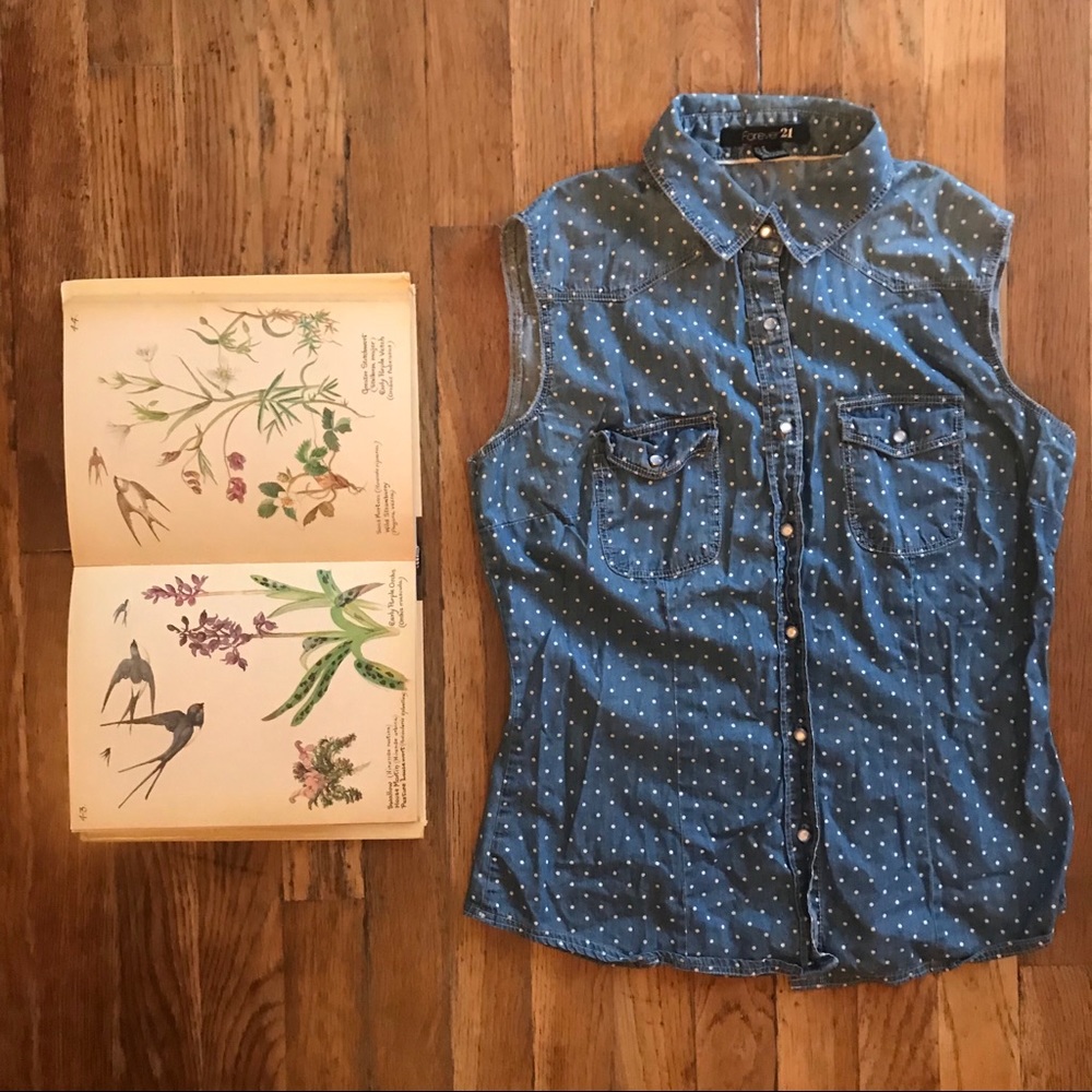 Sleeveless Denim Chambray Polka Dot Top